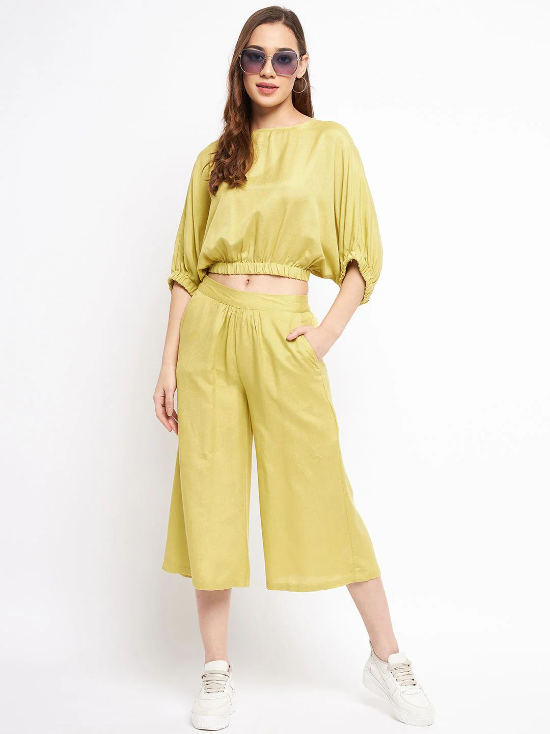 Madame Wide Leg Cropped Green Palazzos - Image 2