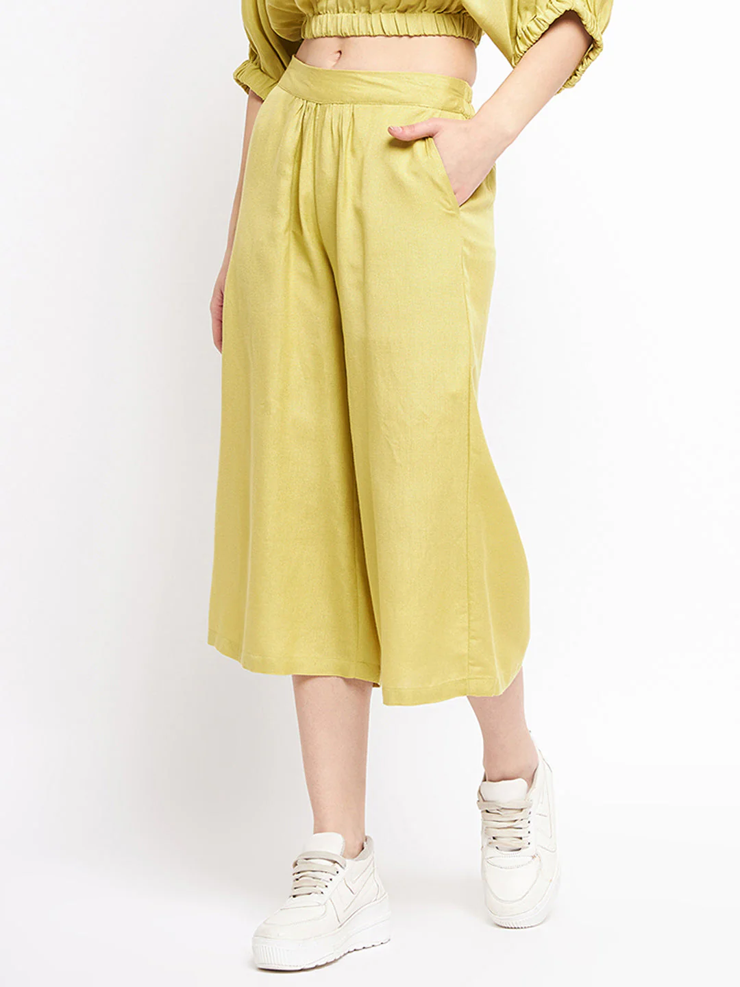 Madame Wide Leg Cropped Green Palazzos - Image 3