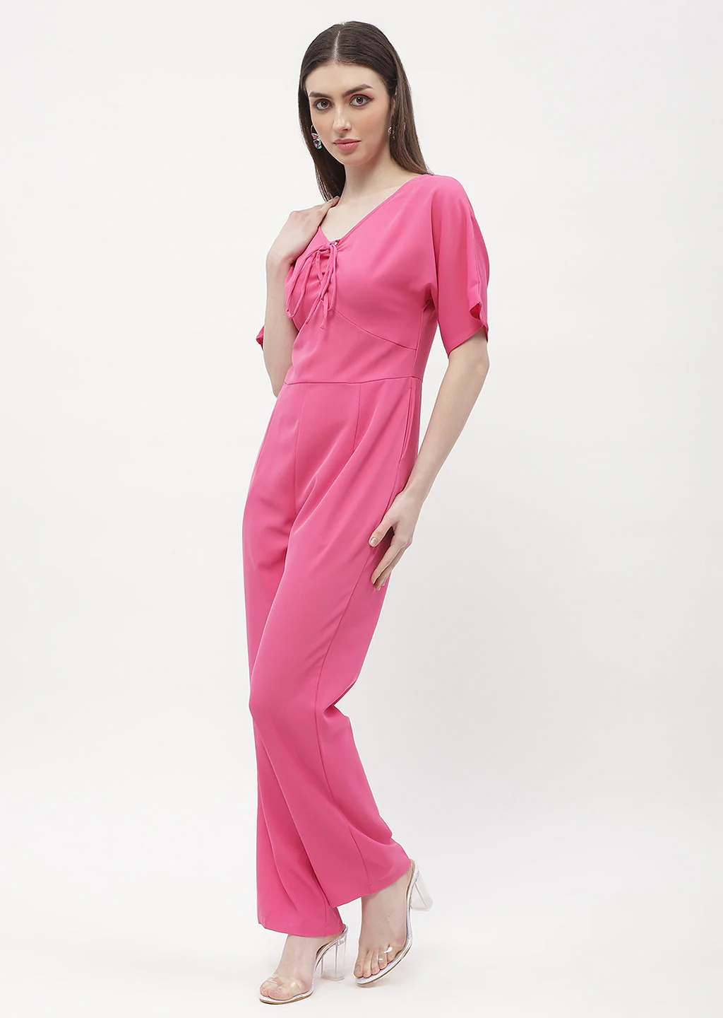 Madame Tie-Up Neck Hot Pink Trumpet Sleeve Jumpsuit - Image 4