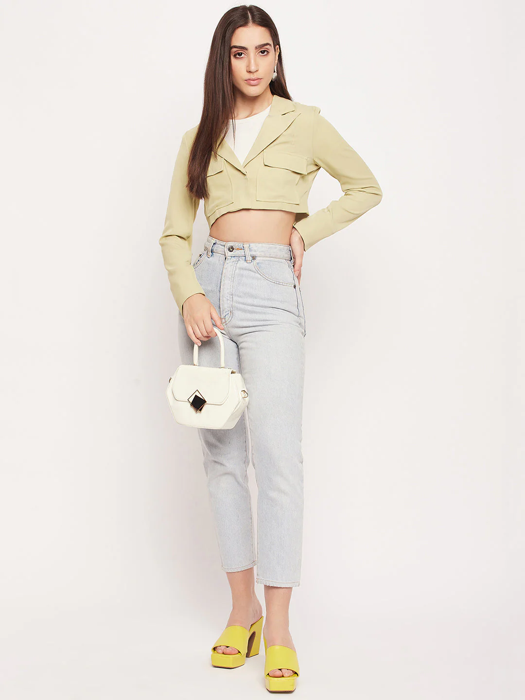 Madame Lapel Collar Lime Green Crop Blazer - Image 4