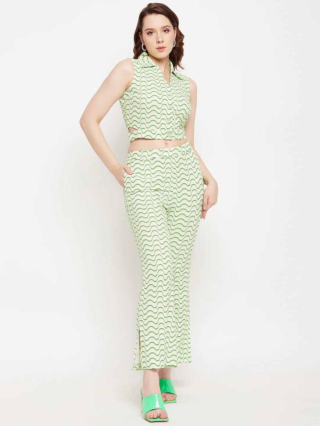 Madame Green Spread Collared Abstract Printed Co-Ord Set - Image 3