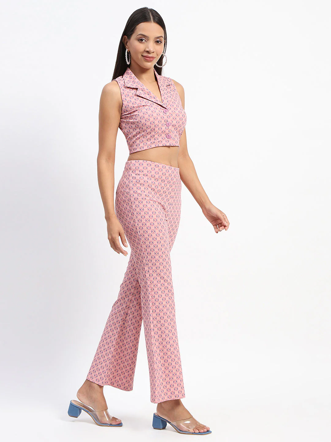 Madame Geometric Print Lapel Notch Peach Co-Ord Set - Image 4