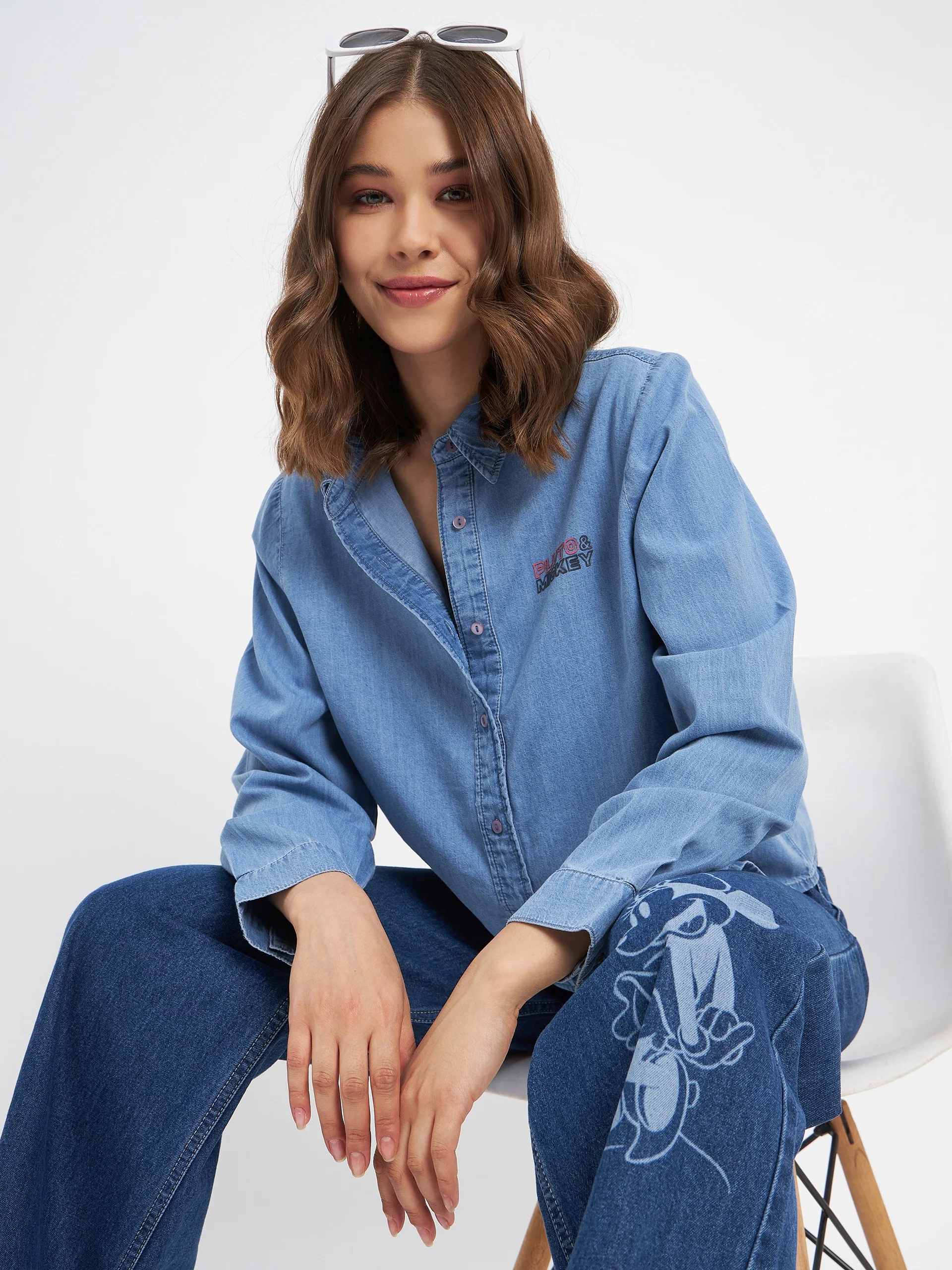 Madame Typography Print Collared Cotton Blue Shirt