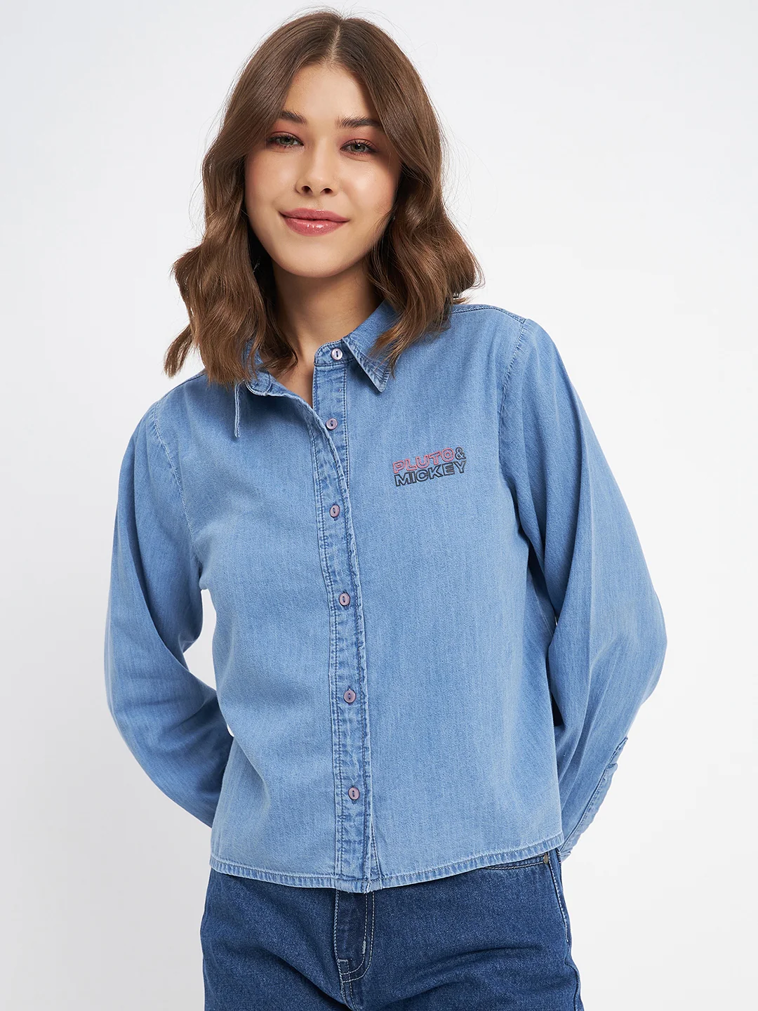 Madame Typography Print Collared Cotton Blue Shirt - Image 3