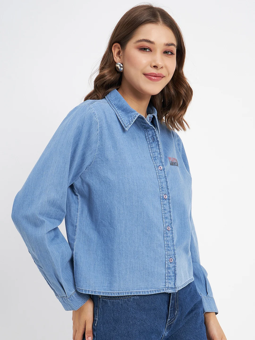 Madame Typography Print Collared Cotton Blue Shirt - Image 4