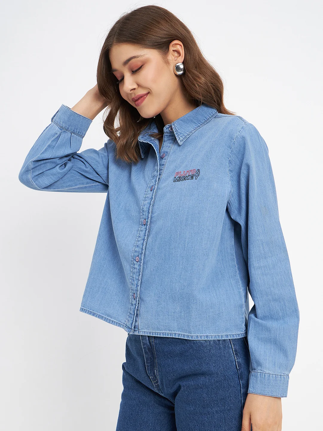 Madame Typography Print Collared Cotton Blue Shirt - Image 5