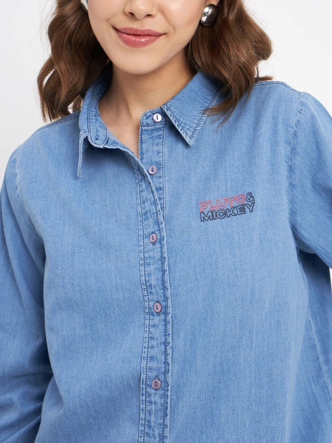 Madame Typography Print Collared Cotton Blue Shirt - Image 7