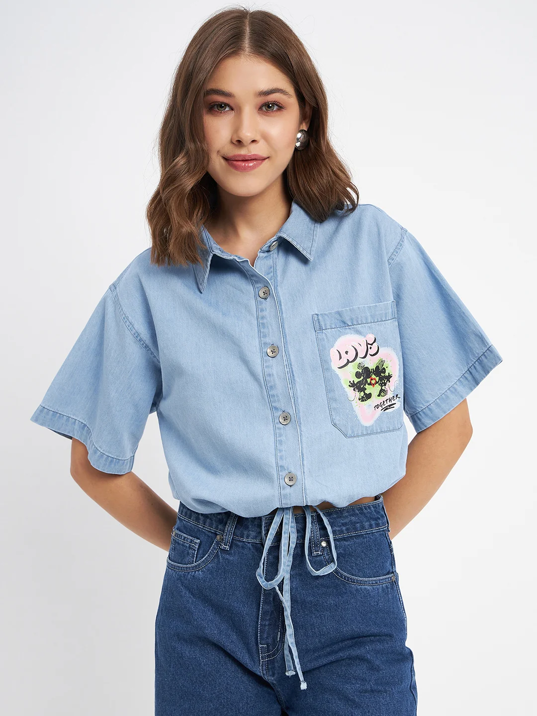 Madame Graphic Print Light Blue Cotton Shirt - Image 2