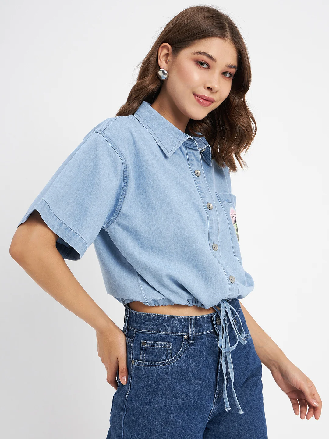 Madame Graphic Print Light Blue Cotton Shirt - Image 4