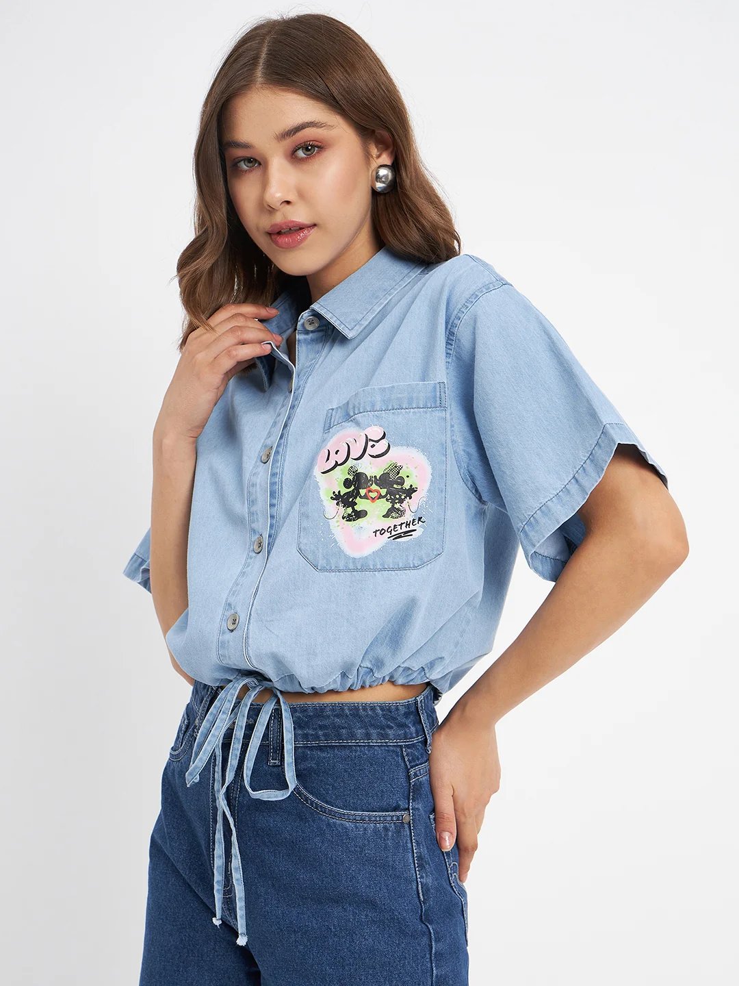 Madame Graphic Print Light Blue Cotton Shirt - Image 5