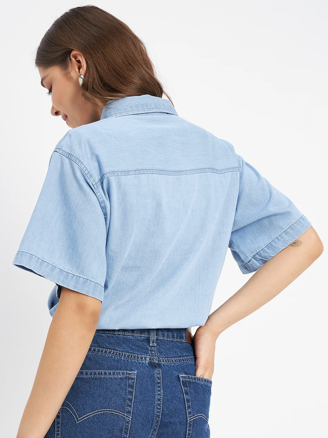 Madame Graphic Print Light Blue Cotton Shirt - Image 6