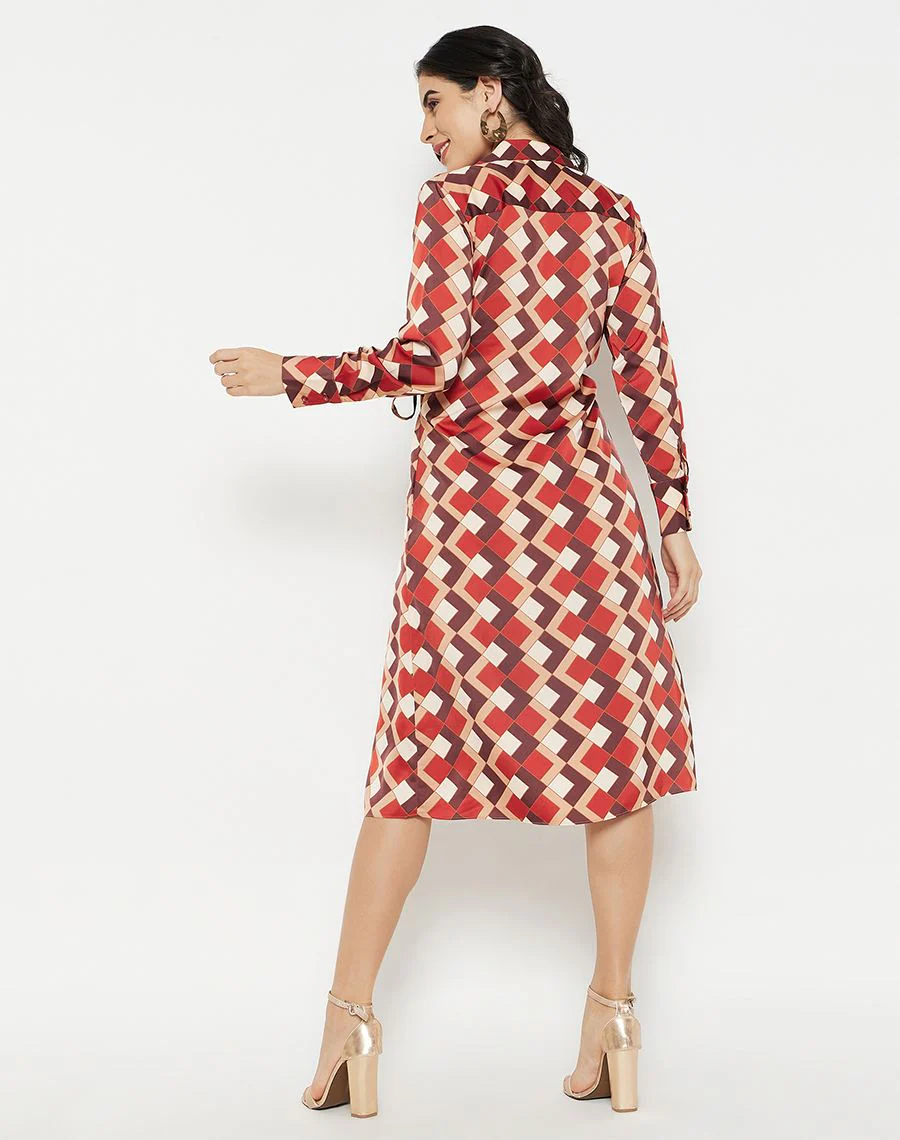 Madame Geometric Print Side Ruched Rosewood Midi Dress - Image 5