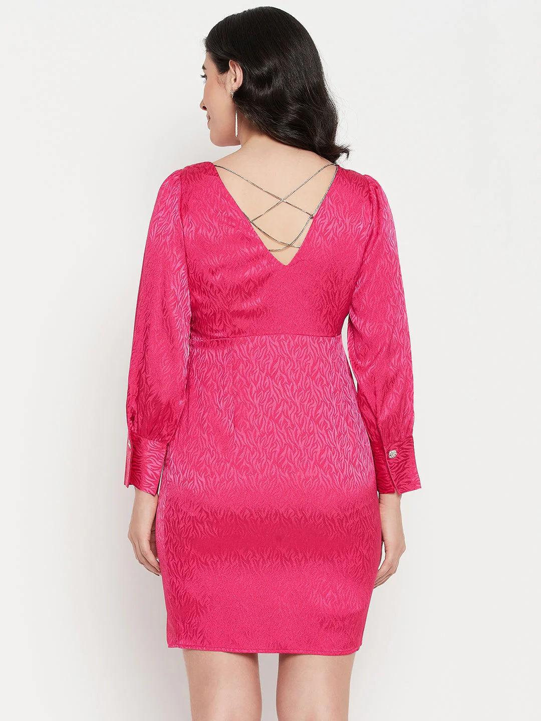 Madame Self Design Surplice Neckline Hot Pink Mini Dress - Image 4