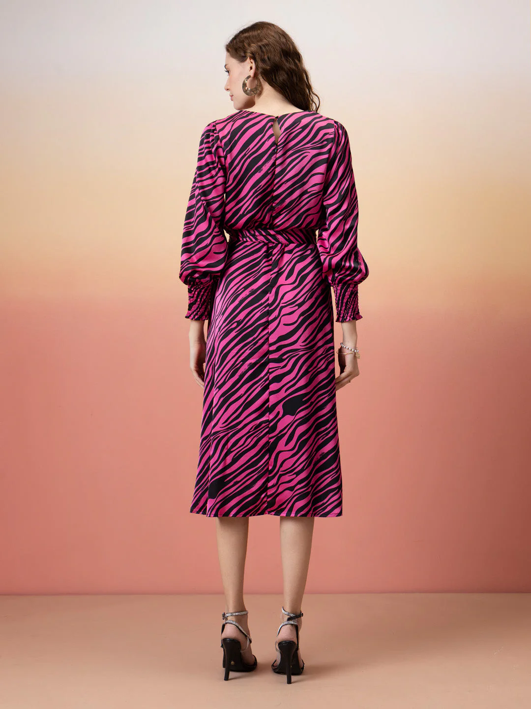 Madame Animal Print Fit & Flare Belted Pink Dress - Image 3