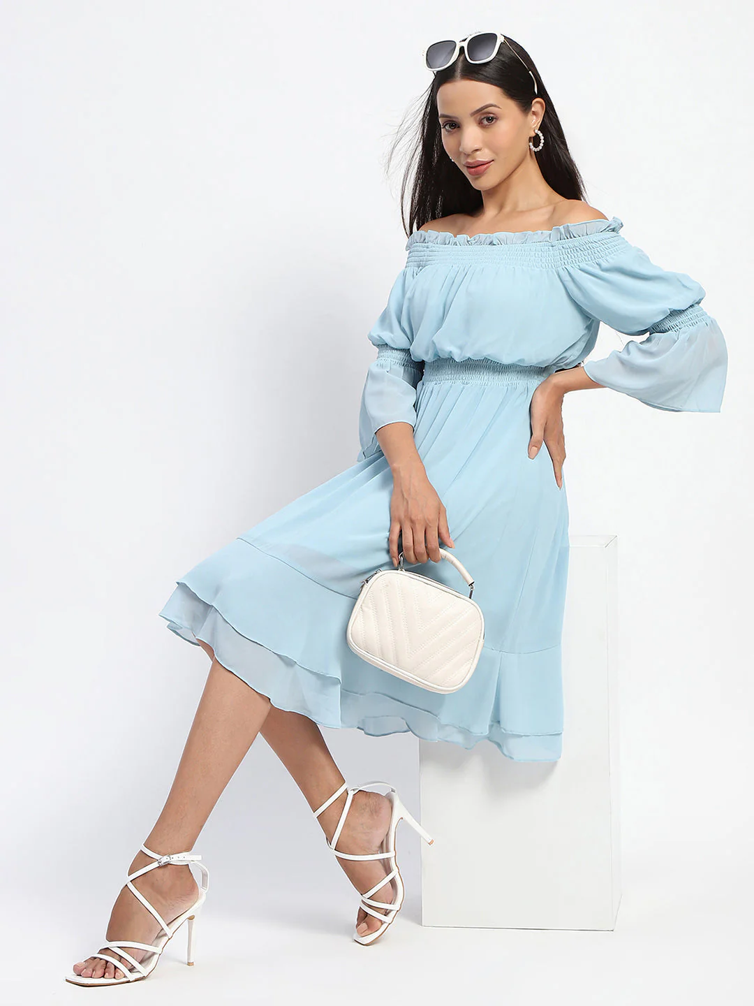 Madame Off Shoulder Cinched Waist Aqua Blue Midi Dress