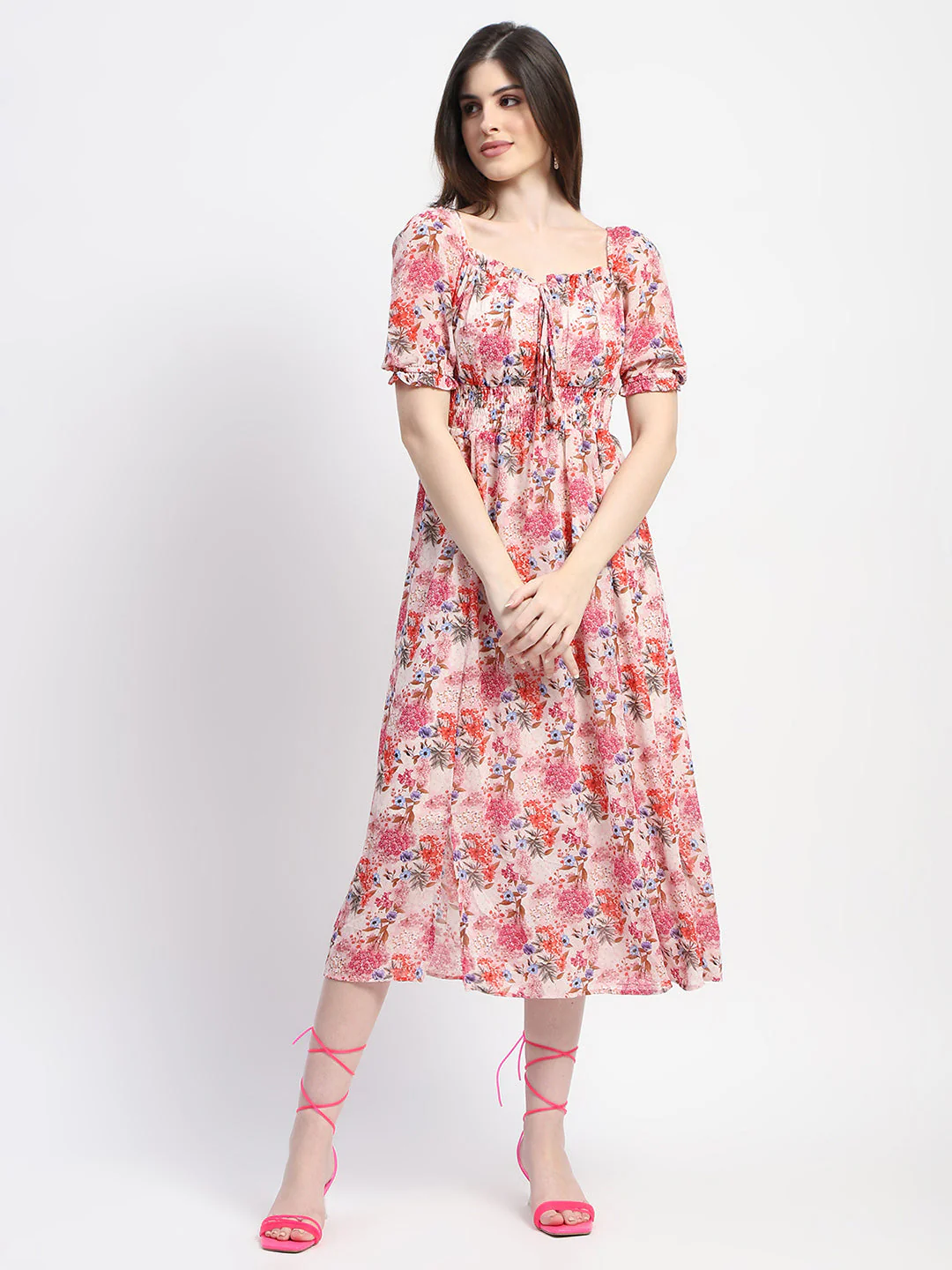 Madame Floral Print Cinch Waist Pink Midi Dress - Image 2