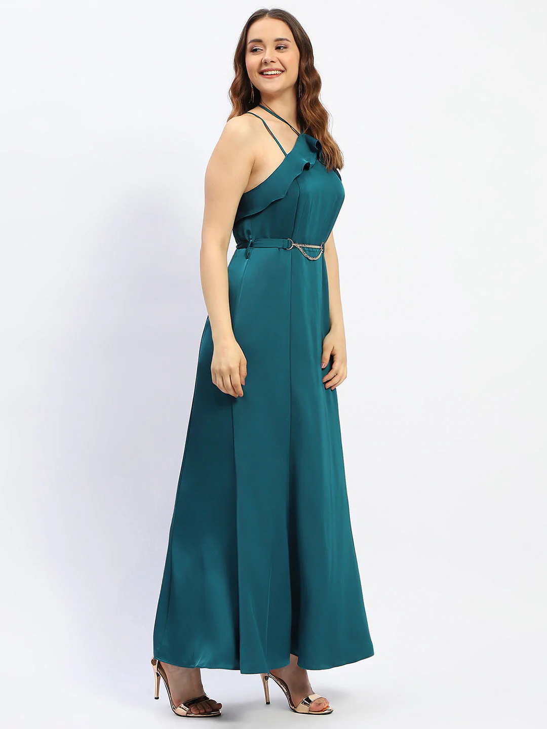 Madame Halter Neck Metal Accented Belt Teal Maxi Dress - Image 5
