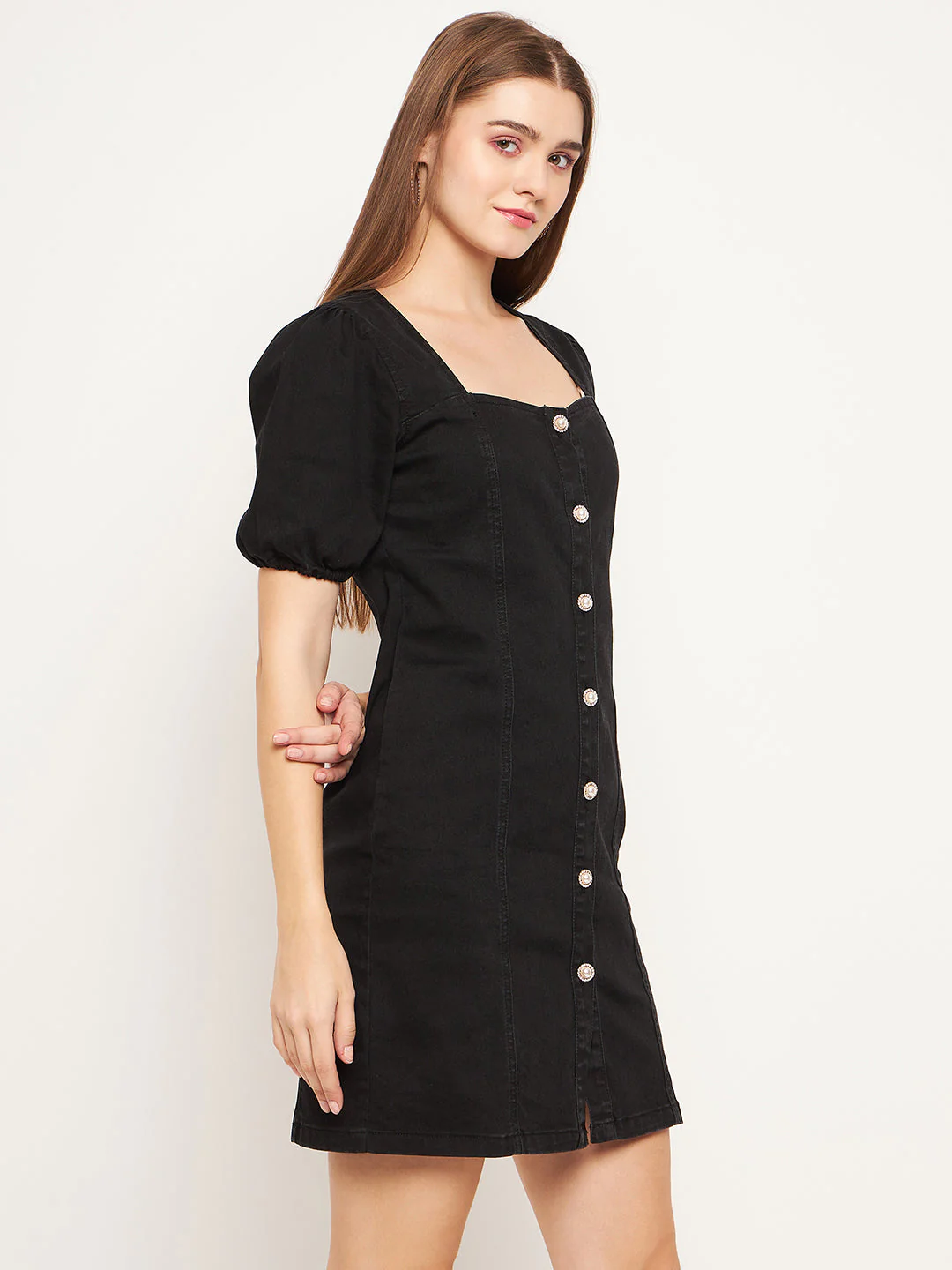 Madame Button Down Solid Black Mini Denim Dress - Image 4
