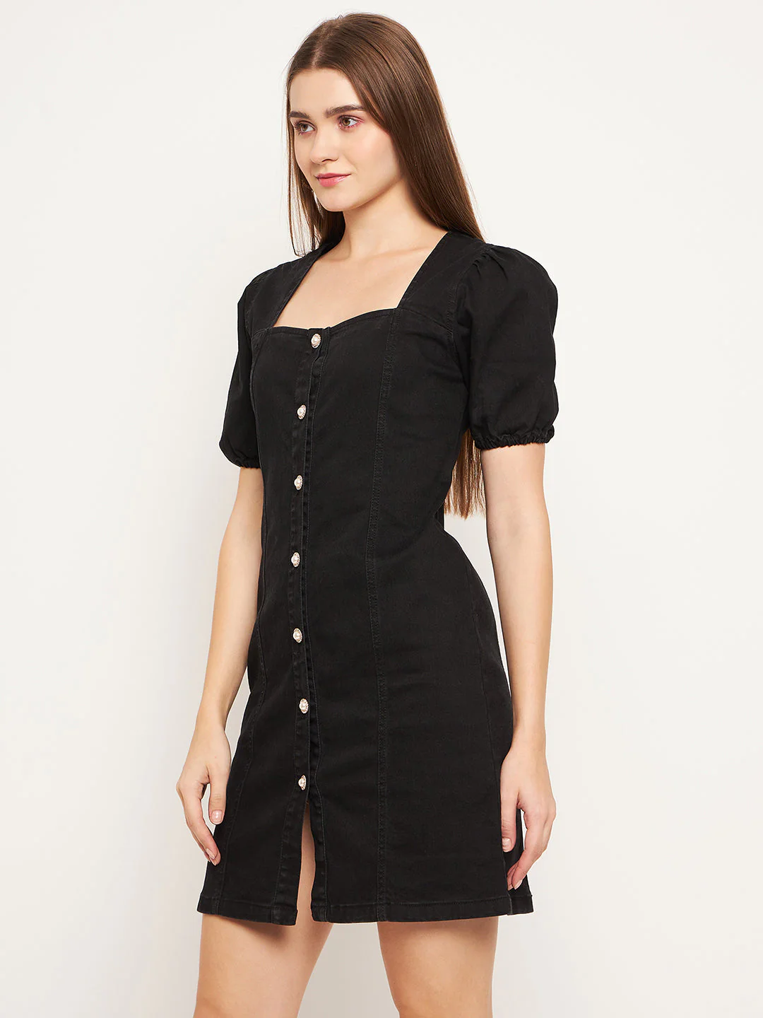 Madame Button Down Solid Black Mini Denim Dress - Image 5