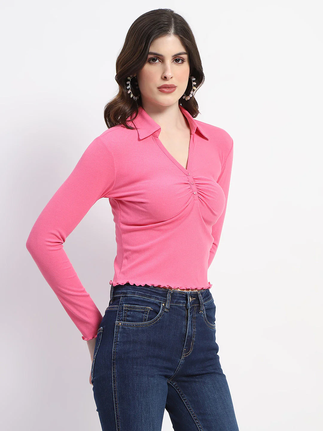 Madame Collared Neckline Scallop Hem Ruched Pink Top - Image 3