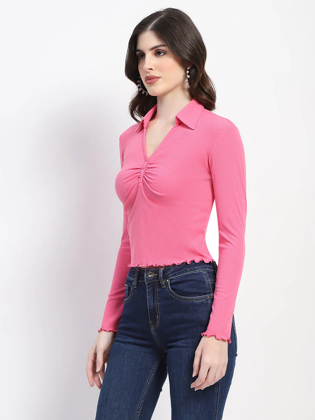 Madame Collared Neckline Scallop Hem Ruched Pink Top - Image 4