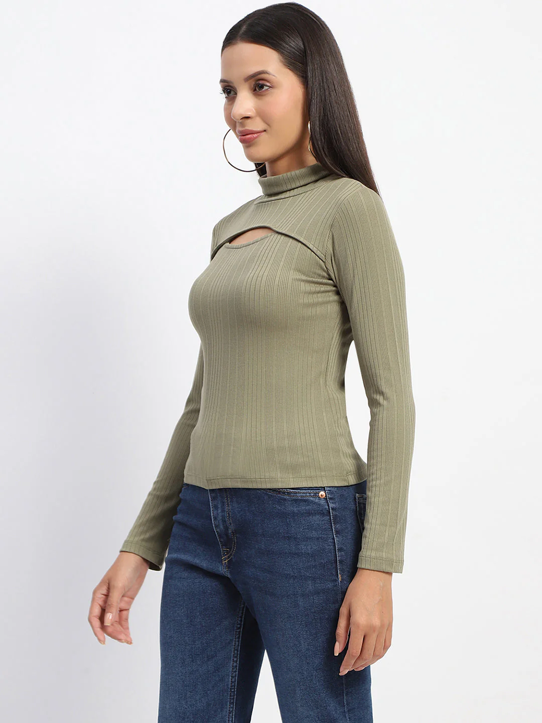 Madame Chest Cutout Green Ribbed Hi Neck Top - Image 4