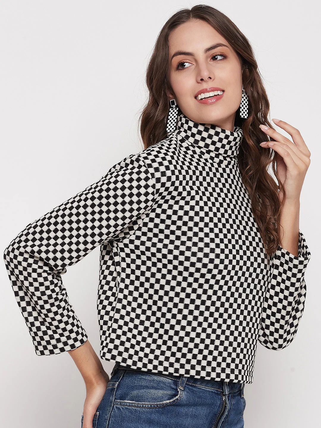 Madame Black Chess Print Turtleneck Top - Image 4