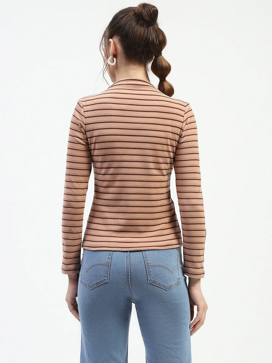 Madame Mock Neck Striped Button Detailed Sleeve Brown Top - Image 5
