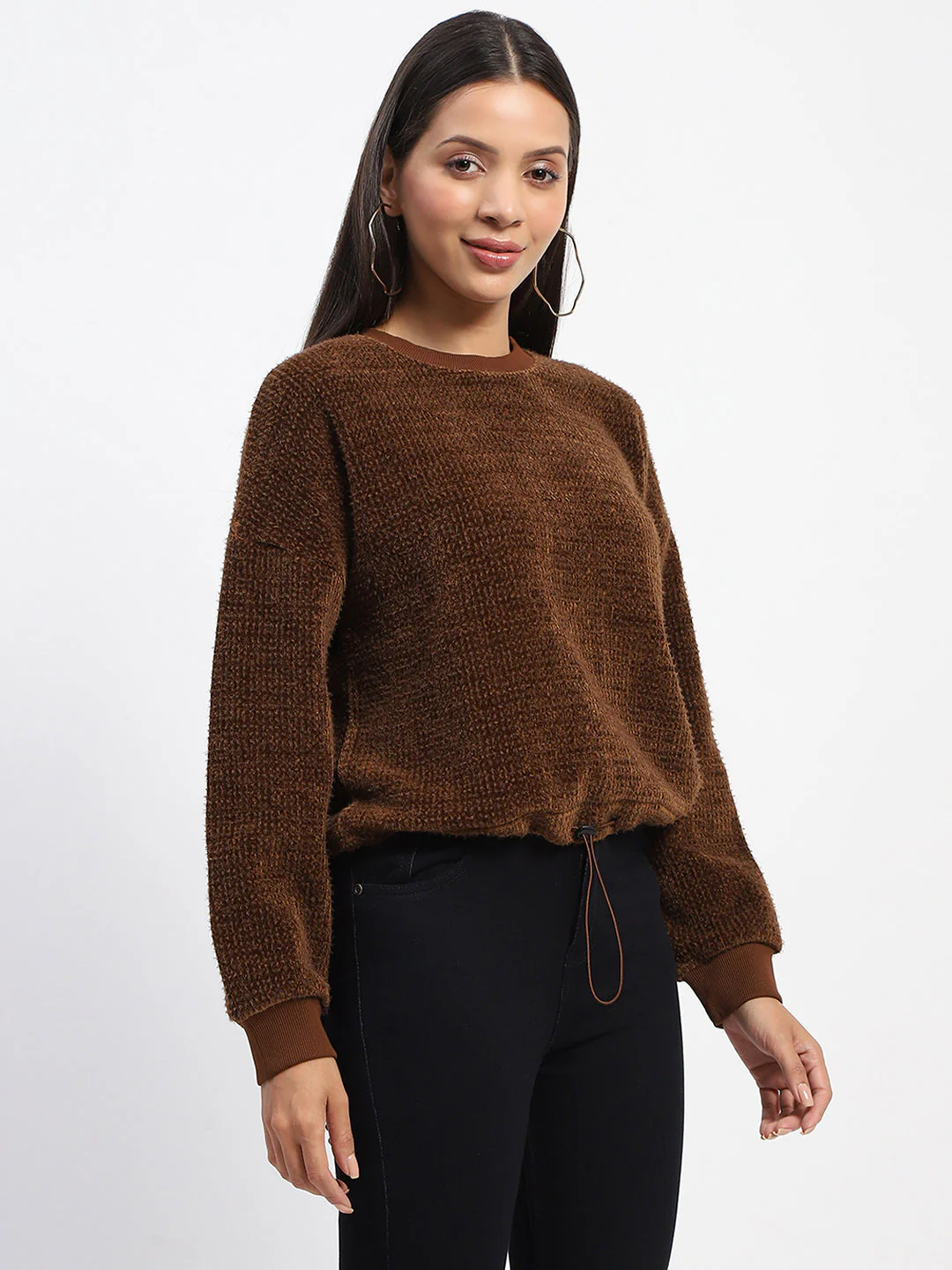 Madame Elastic Pull Drawstring Brown Sweater - Image 3