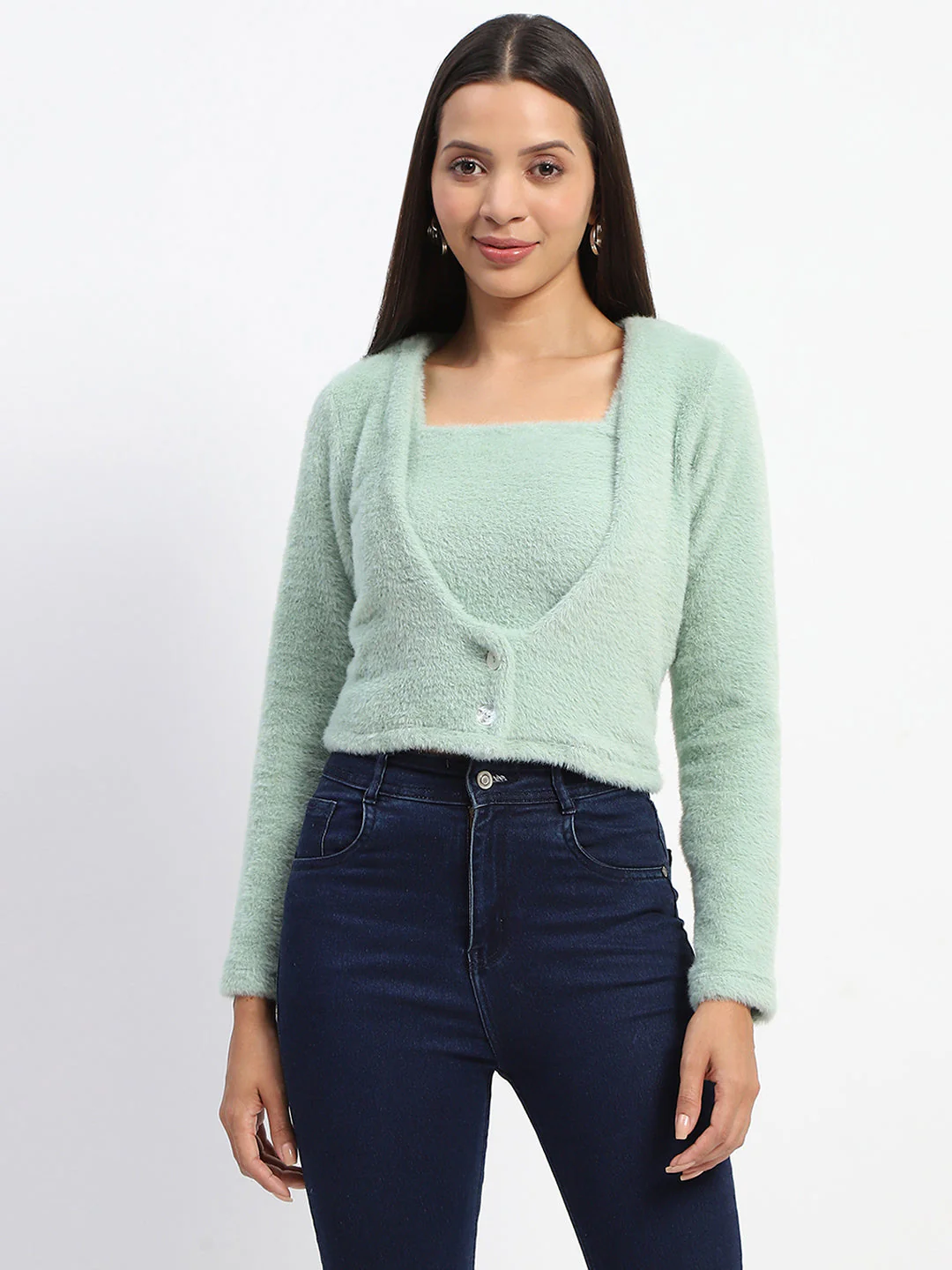 Madame V Neck Button Down Fur Shrug And Top Set - Image 2