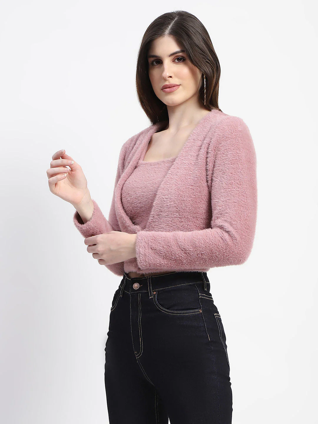 Madame V Neck Button Down Fur Shrug And Top Set - Image 2