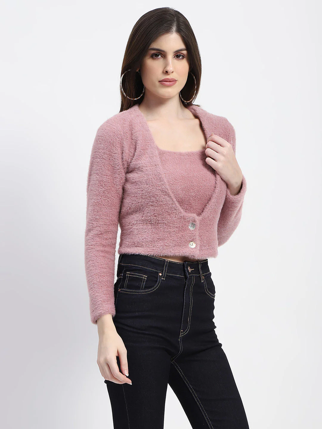 Madame V Neck Button Down Fur Shrug And Top Set - Image 3
