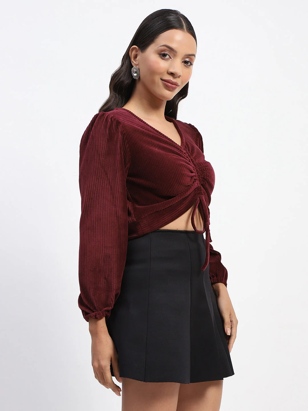 Madame Ruched V Neck Puff Sleeve Velvet Crop Top - Image 3