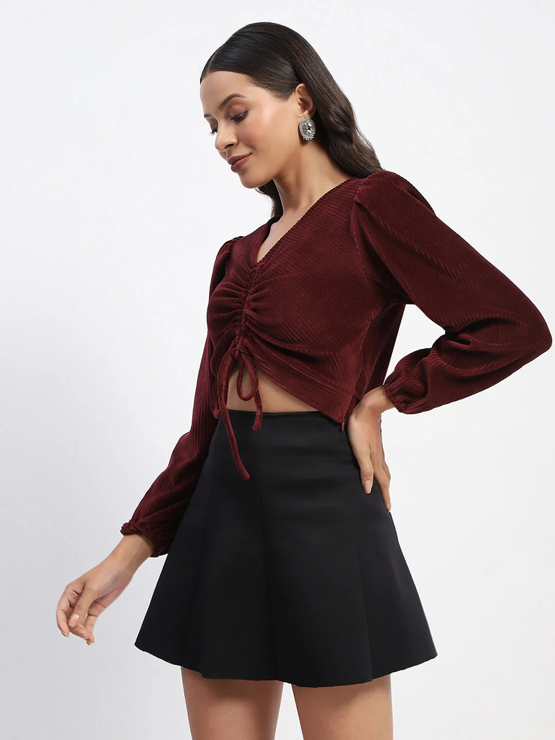 Madame Ruched V Neck Puff Sleeve Velvet Crop Top - Image 4