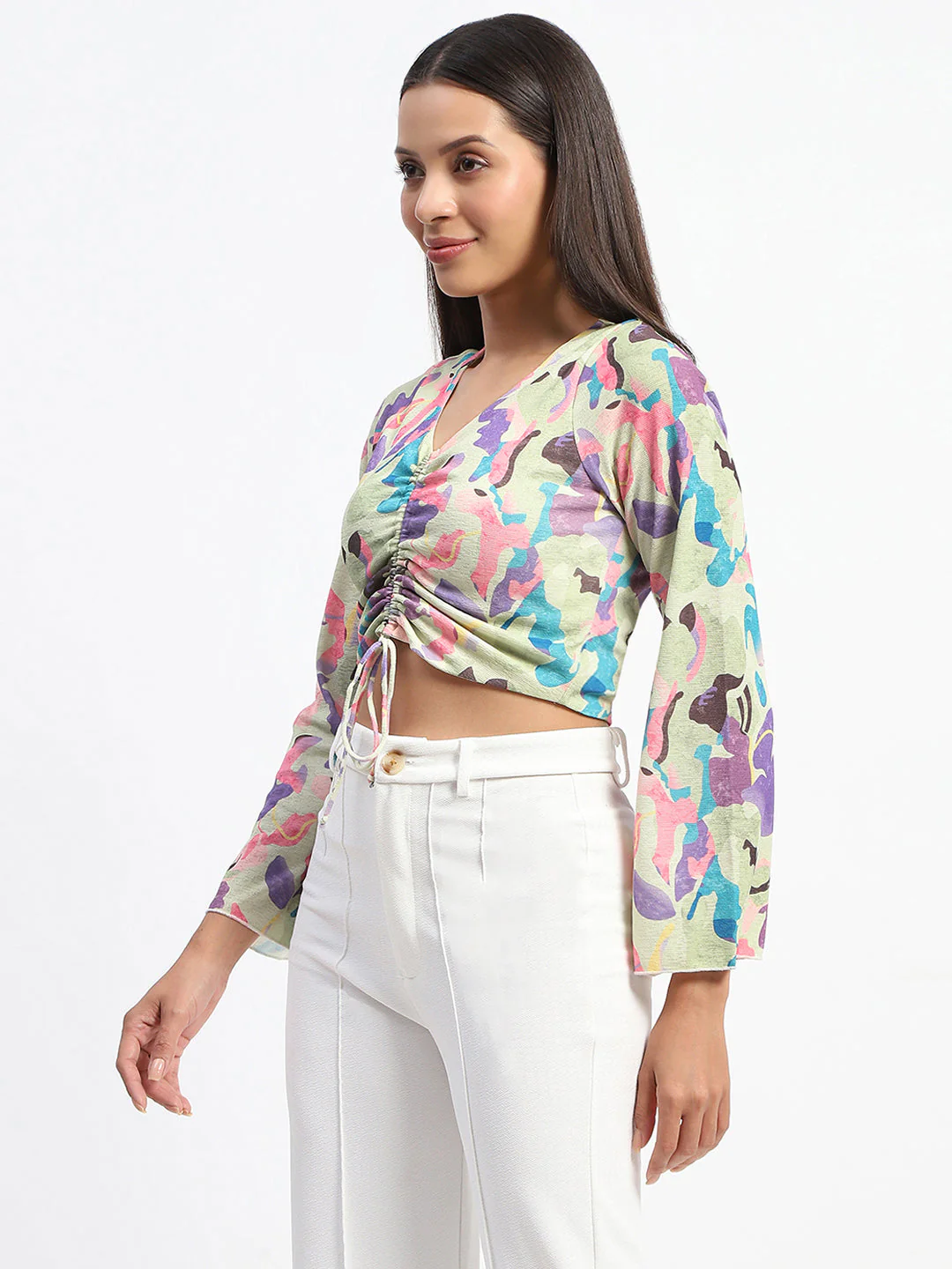 Madame Ruched Abstract Print Bell Sleeves Lilac Crop Top - Image 4