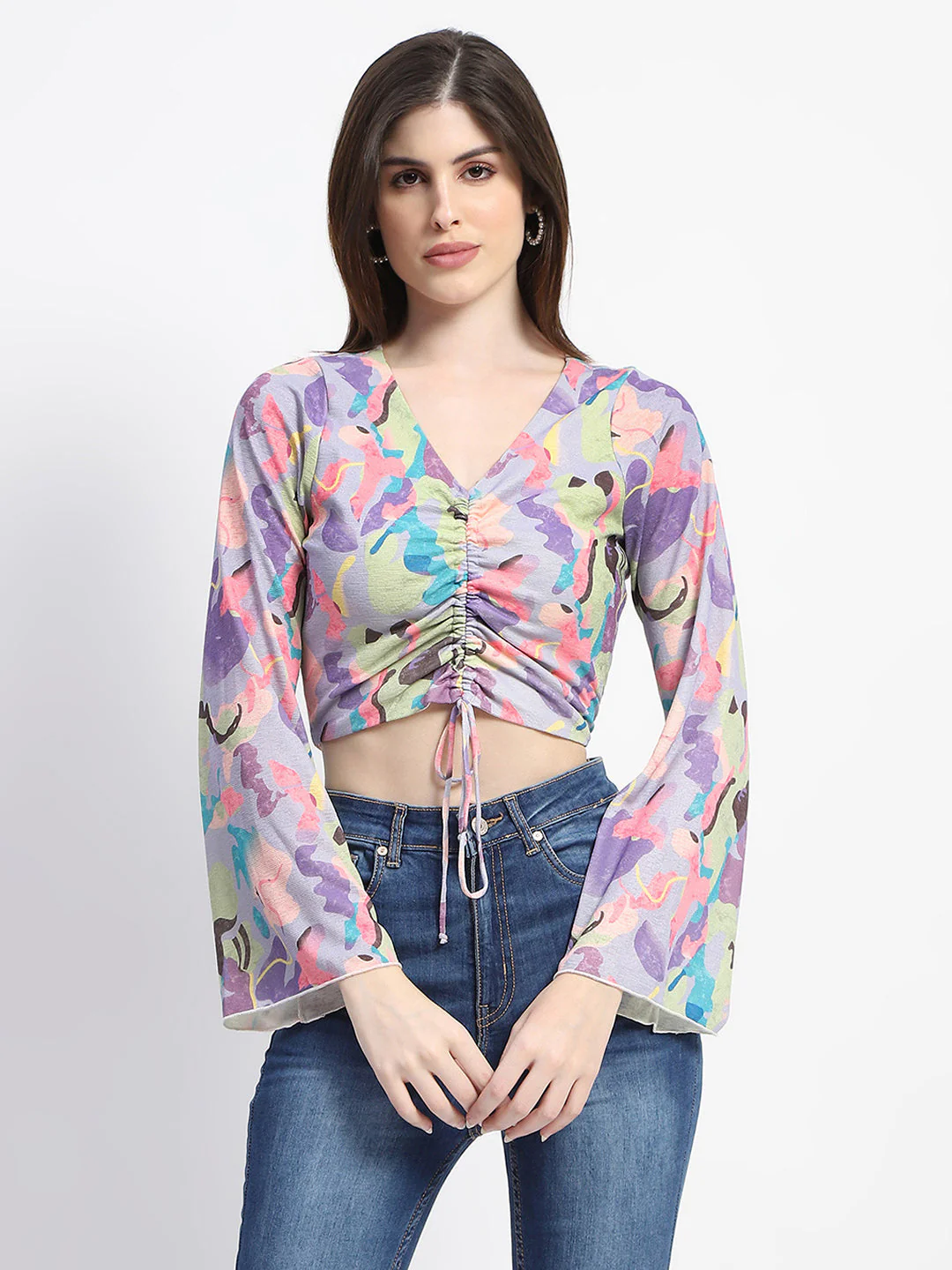 Madame Ruched Abstract Print Bell Sleeves Lilac Crop Top - Image 3