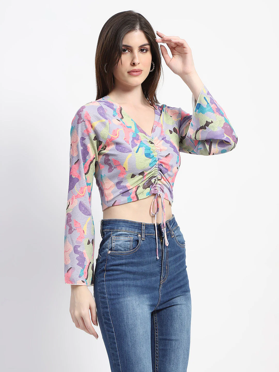 Madame Ruched Abstract Print Bell Sleeves Lilac Crop Top - Image 4