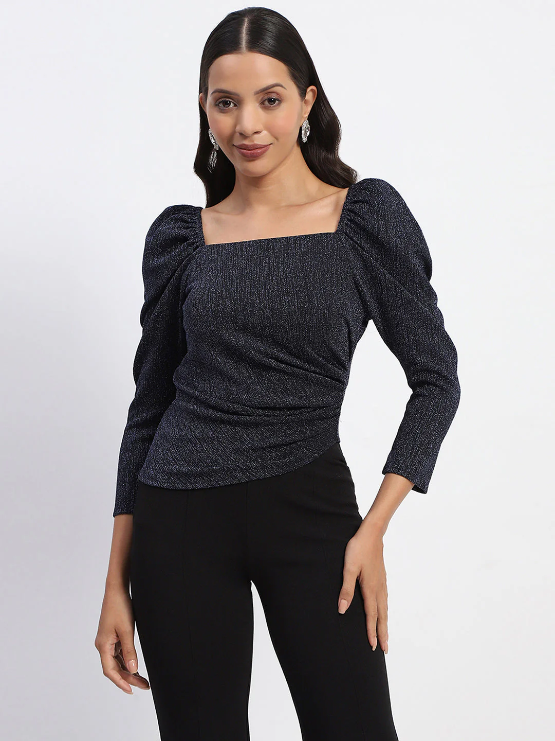 Madame Gathered Shimmery Square Neck Navy Top - Image 3