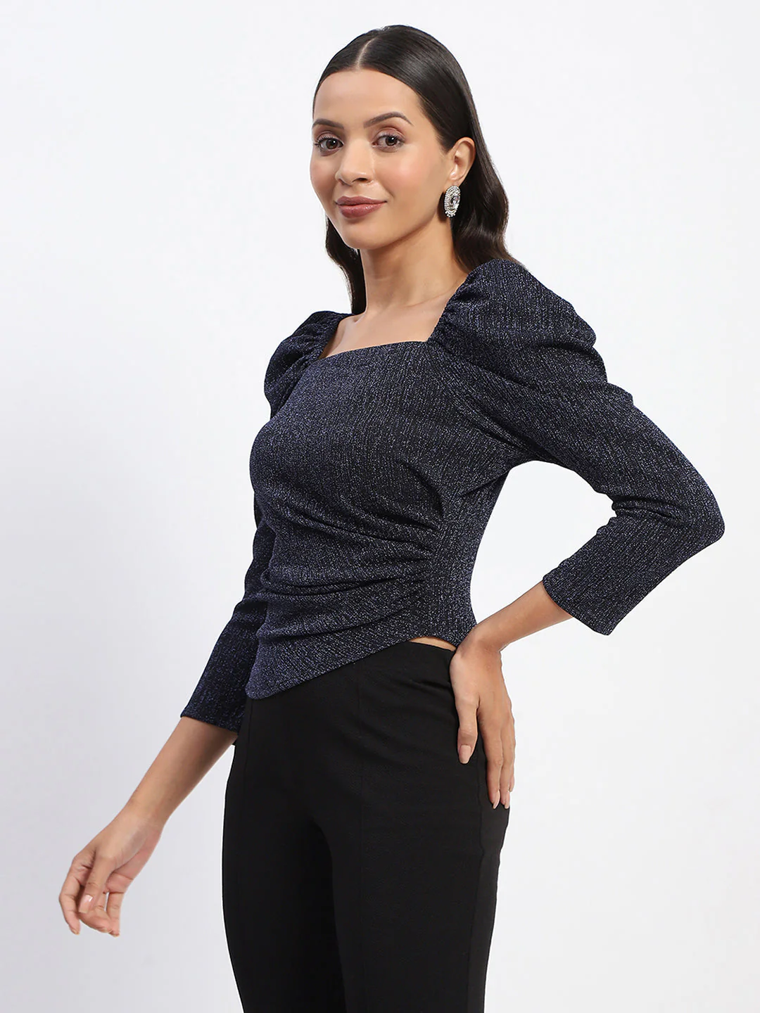 Madame Gathered Shimmery Square Neck Navy Top - Image 4