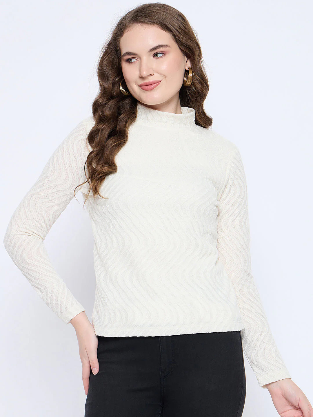 Madame Textured Mock Neck Solid Off White Top - Image 3