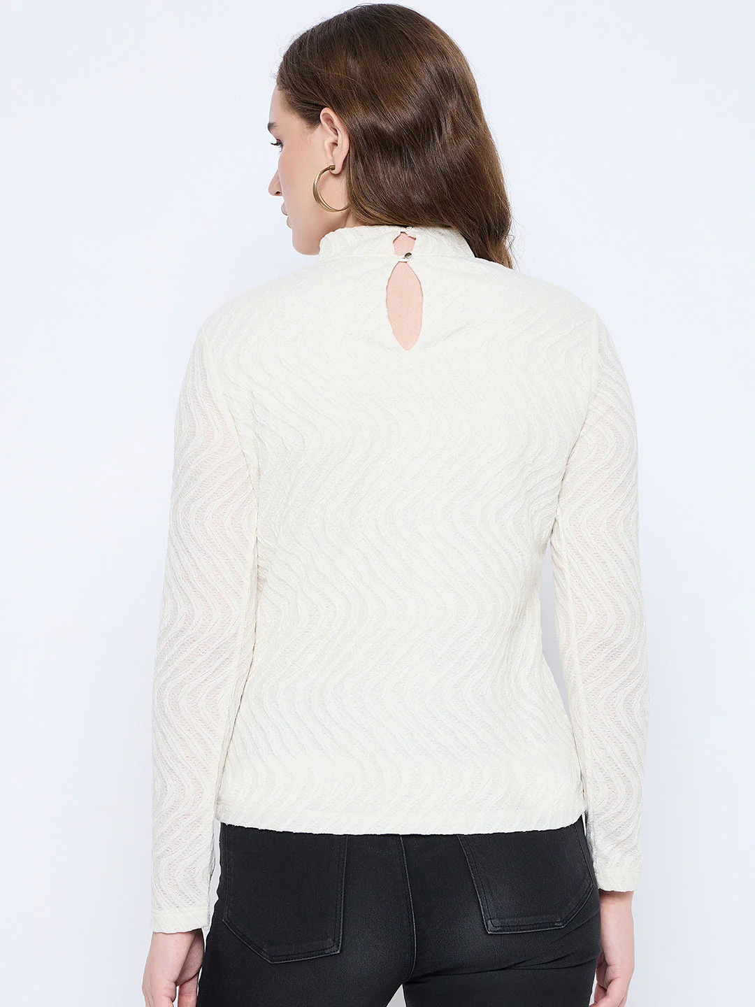 Madame Textured Mock Neck Solid Off White Top - Image 6