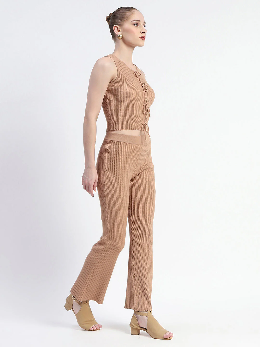 Madame Sleeveless Drawstring Detailed Top And Bottom Brown Co-Ord Set - Image 3