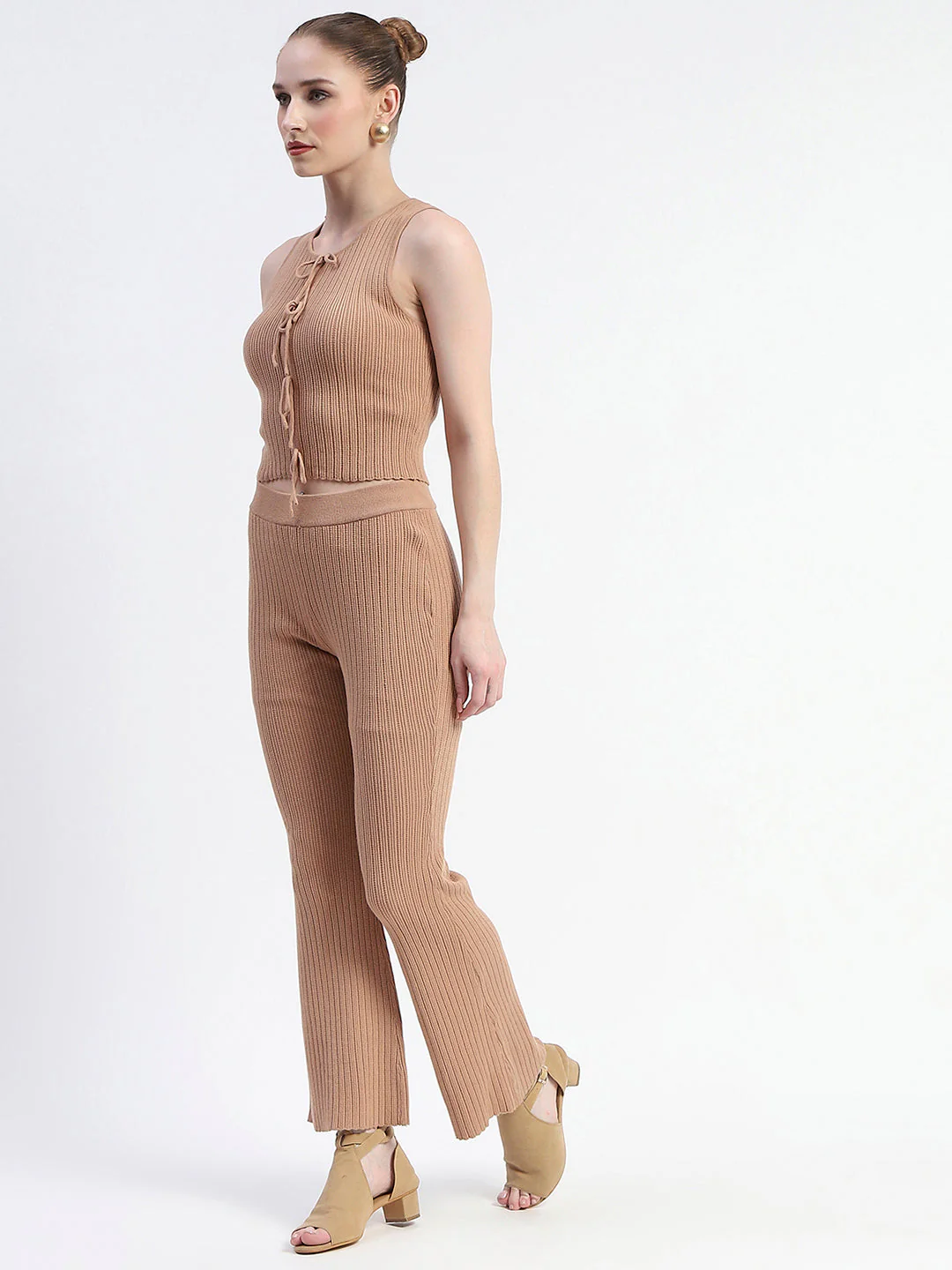 Madame Sleeveless Drawstring Detailed Top And Bottom Brown Co-Ord Set - Image 4