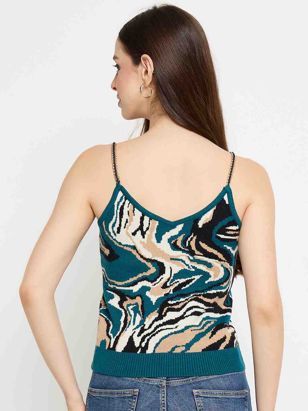 Madame Abstract Print Teal Cami Crop Sweater - Image 6