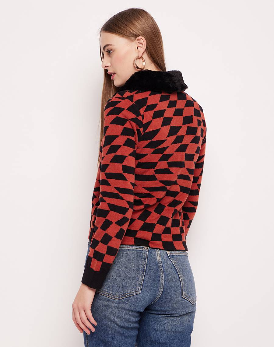 Madame Faux Fur Collar And Cuffs Geometric Print Rust Red Cardigan - Image 4