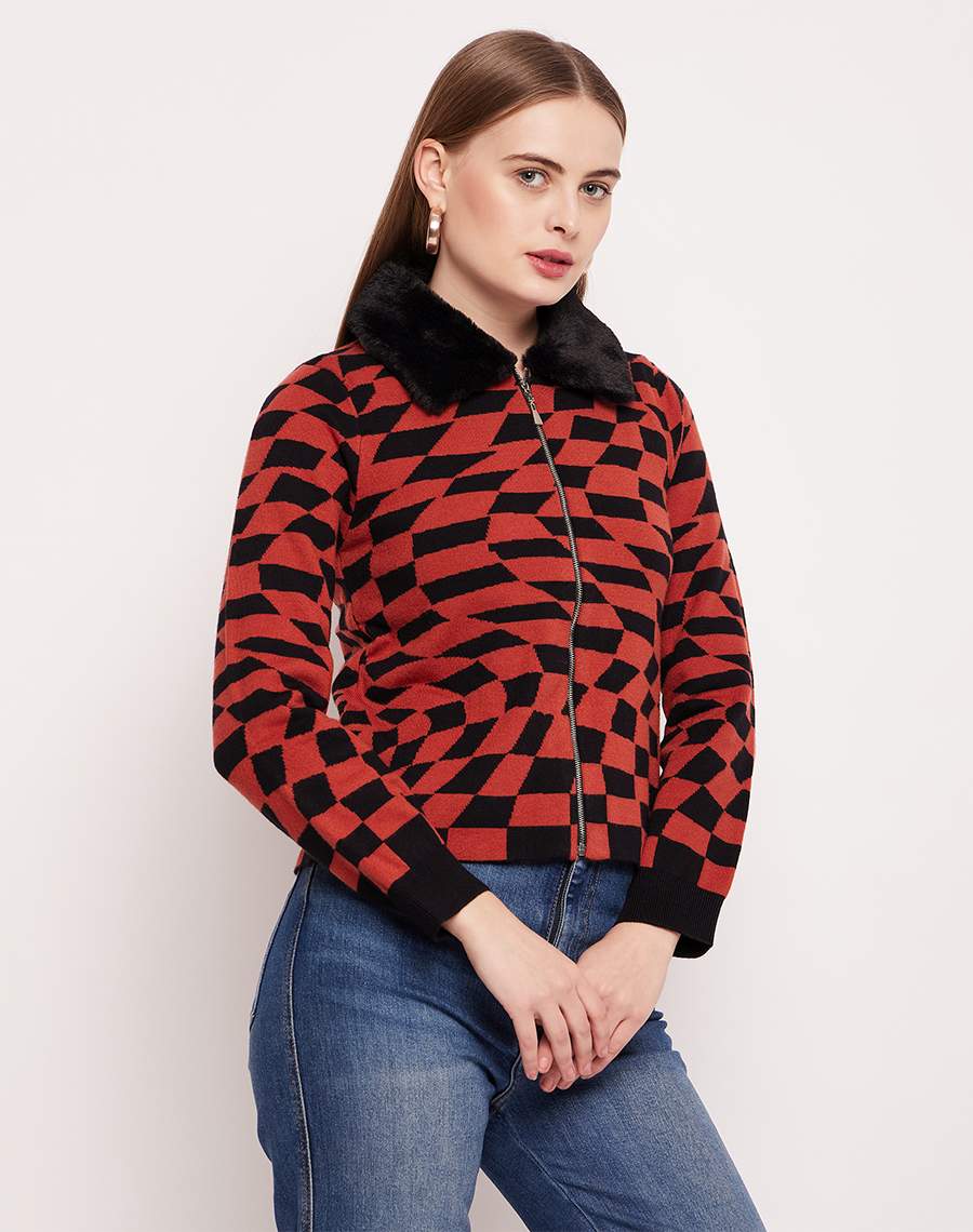 Madame Faux Fur Collar And Cuffs Geometric Print Rust Red Cardigan - Image 5