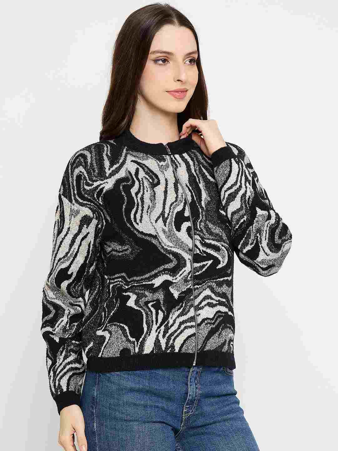 Madame Abstract Print Zip Up Black Sweater - Image 4