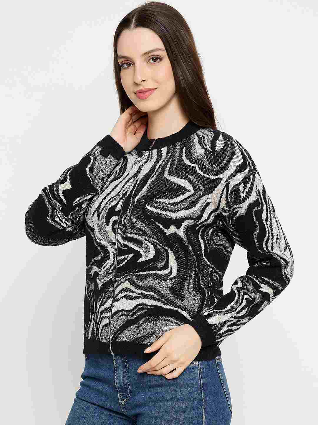Madame Abstract Print Zip Up Black Sweater - Image 5
