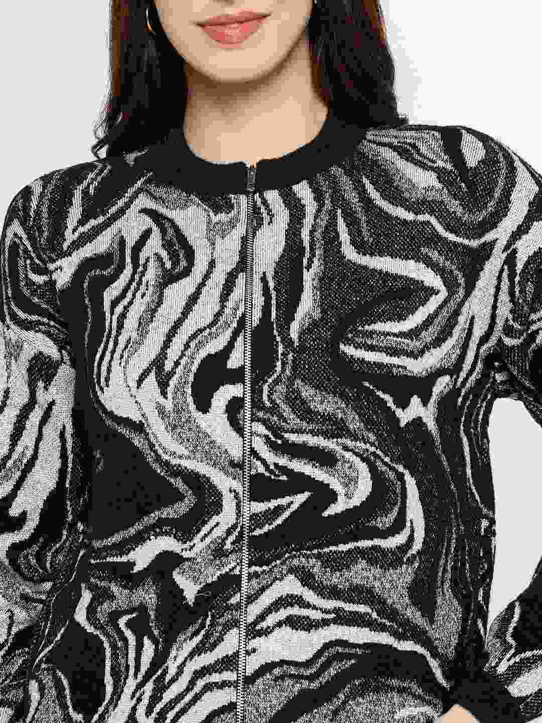 Madame Abstract Print Zip Up Black Sweater - Image 7