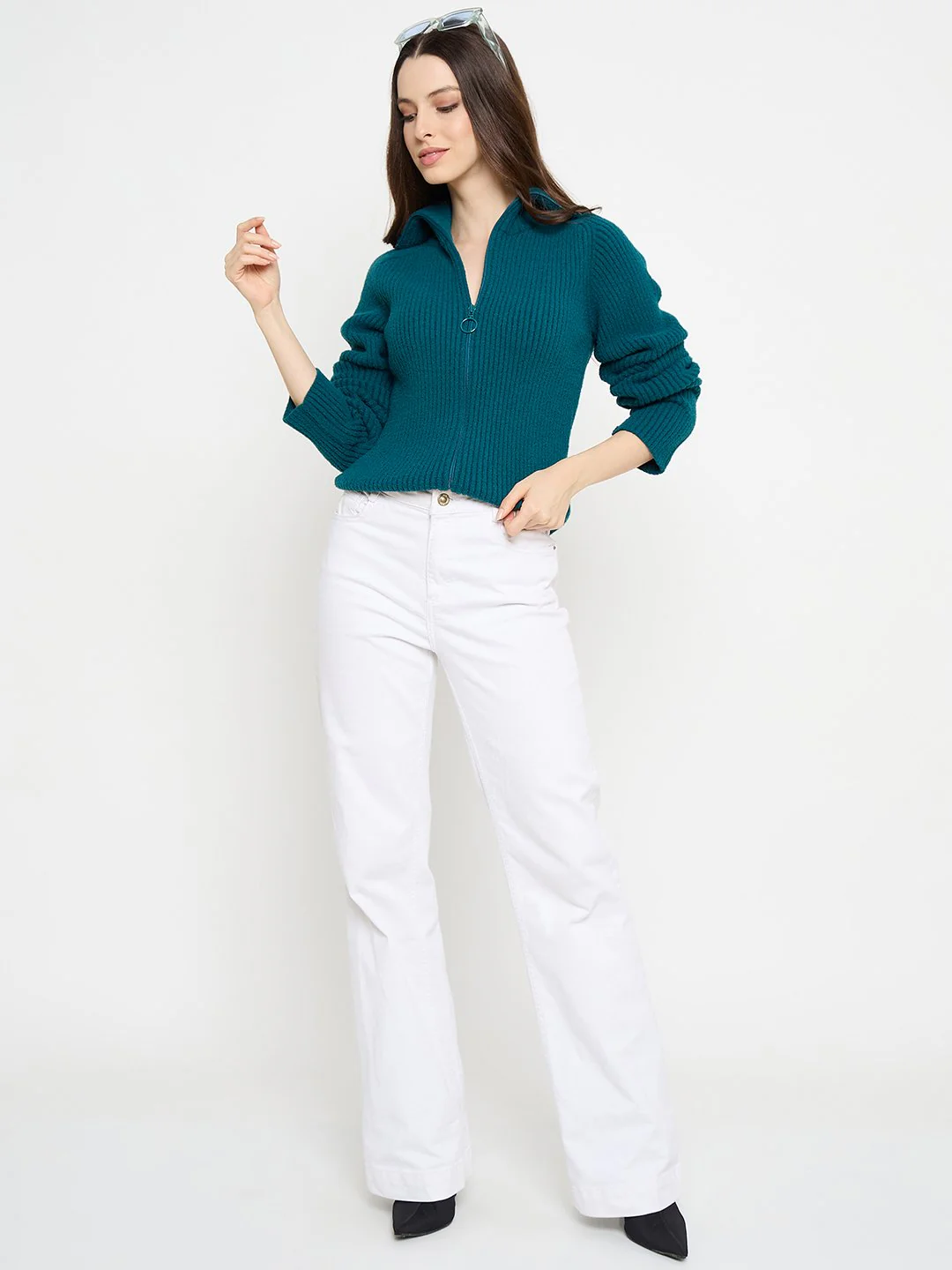 Madame Zip Up Teal Sweater - Image 2